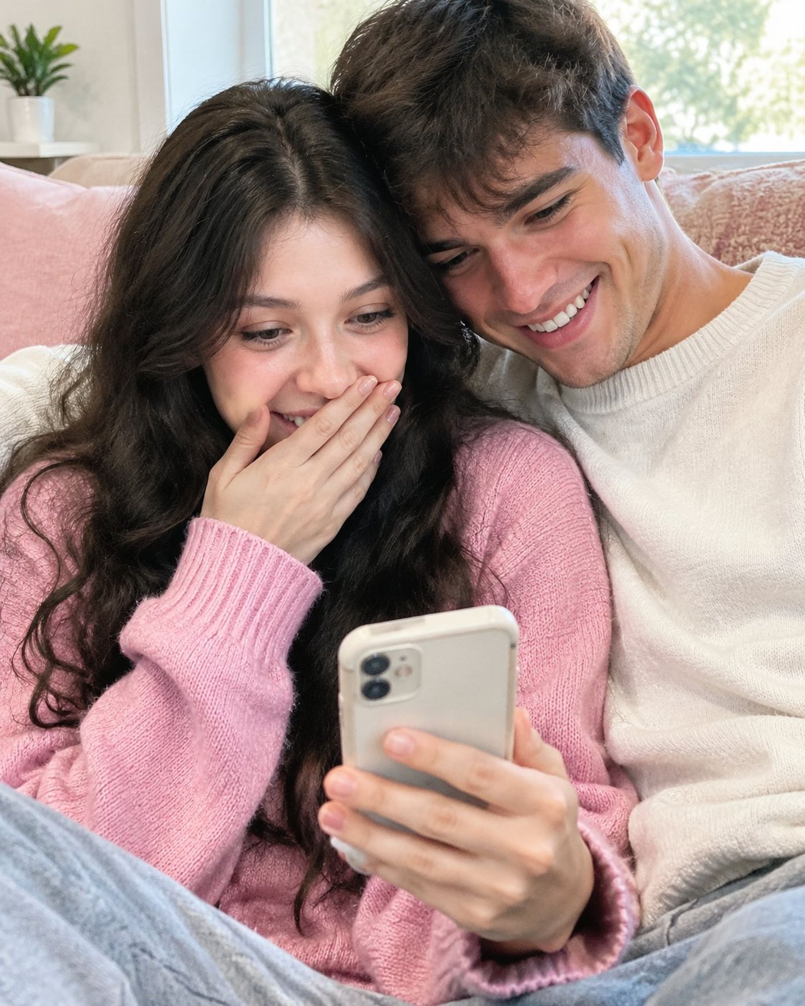 Um casal no sofá, contente com o resultado no telemóvel