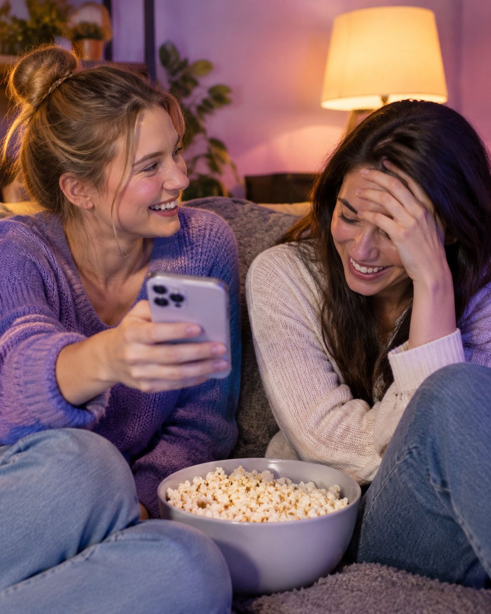 Duas amigas no sofá a rir do resultado no telemóvel