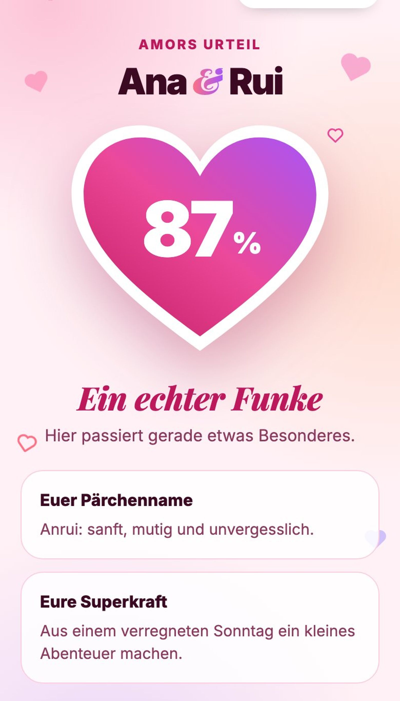 Ergebnis des Liebesrechners: Ana und Rui, 87 %