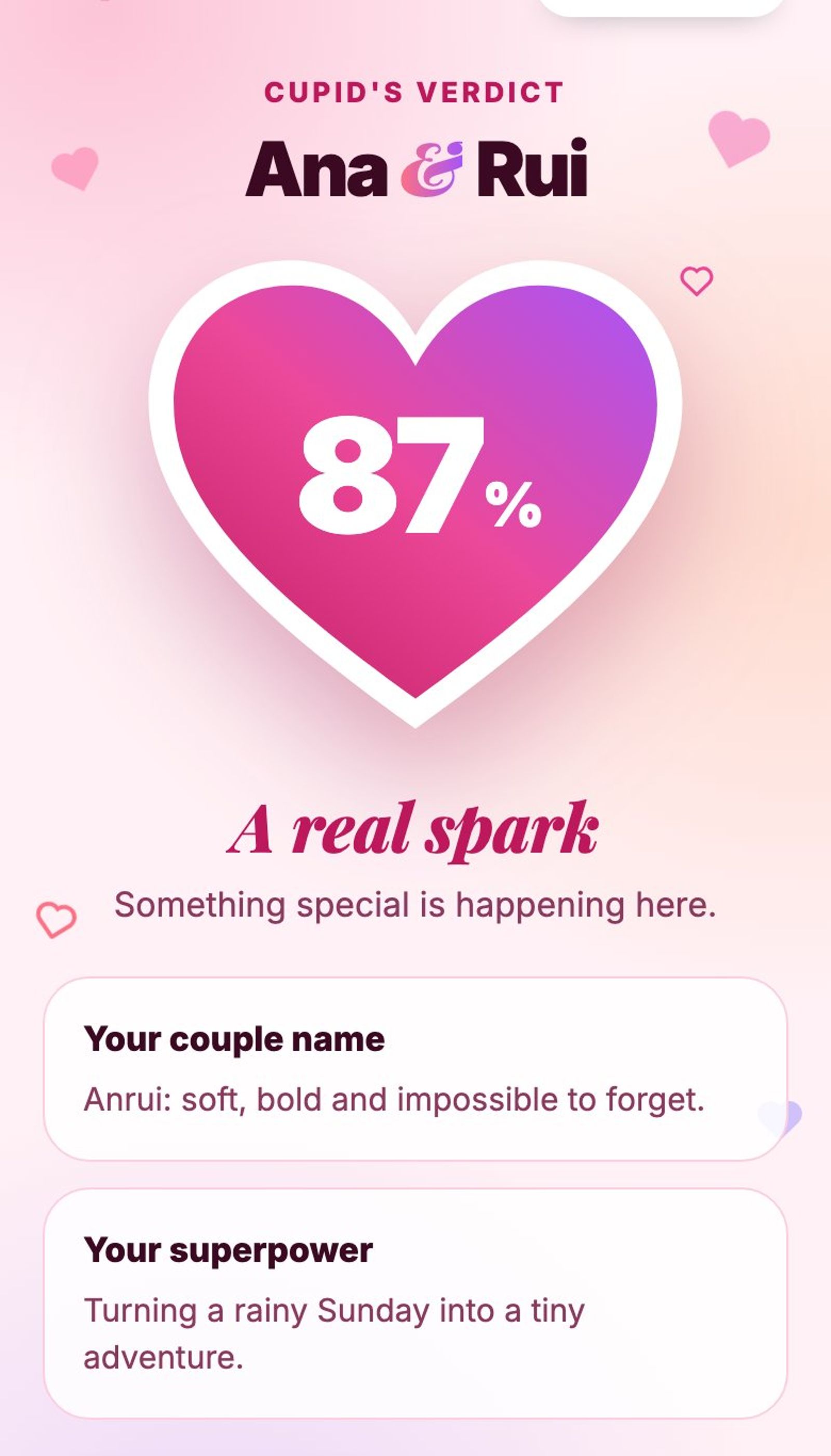 Love Calculator result: Ana and Rui, 87%