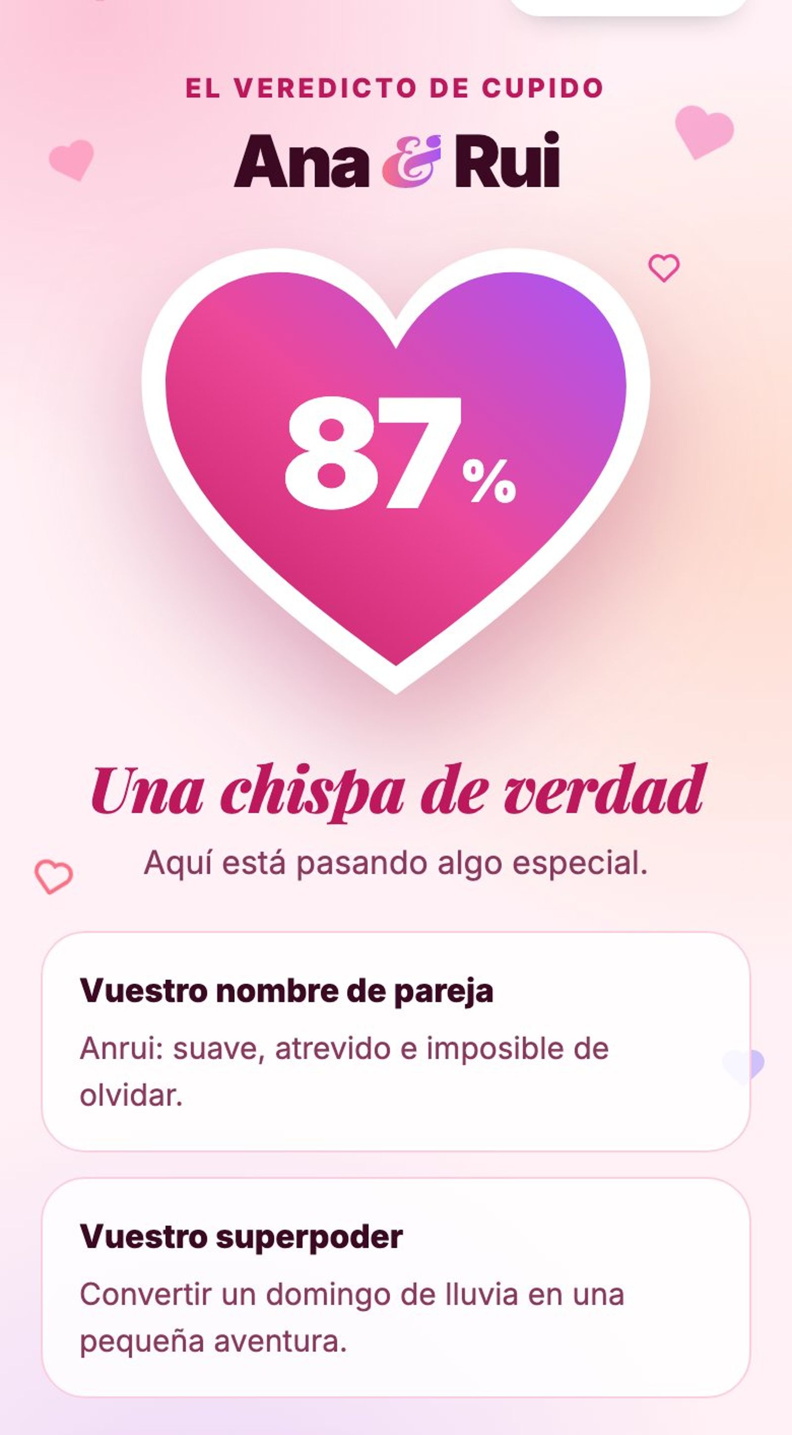 Resultado de la Calculadora del Amor: Ana y Rui, 87%