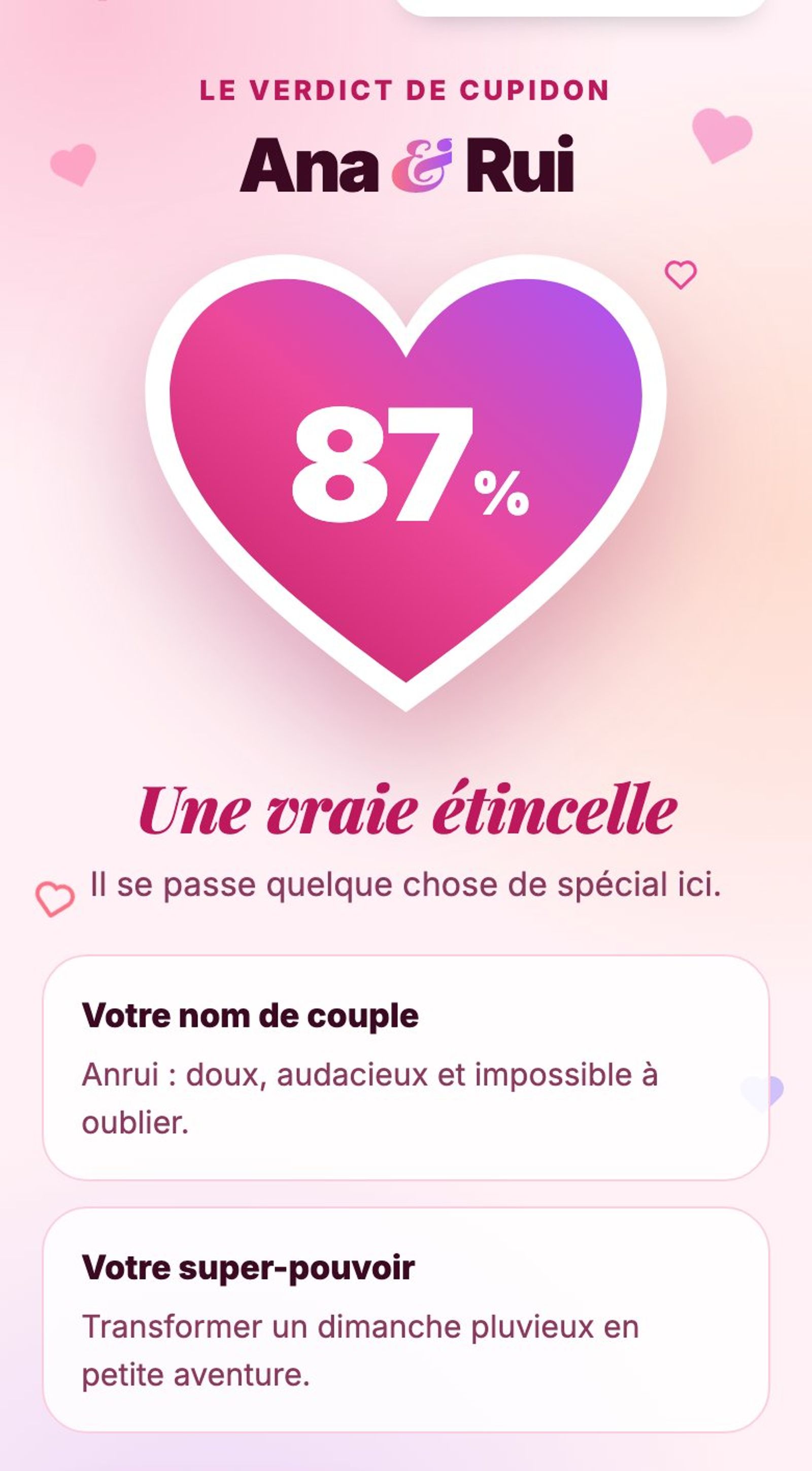 Résultat du Calculateur d'Amour : Ana et Rui, 87 %