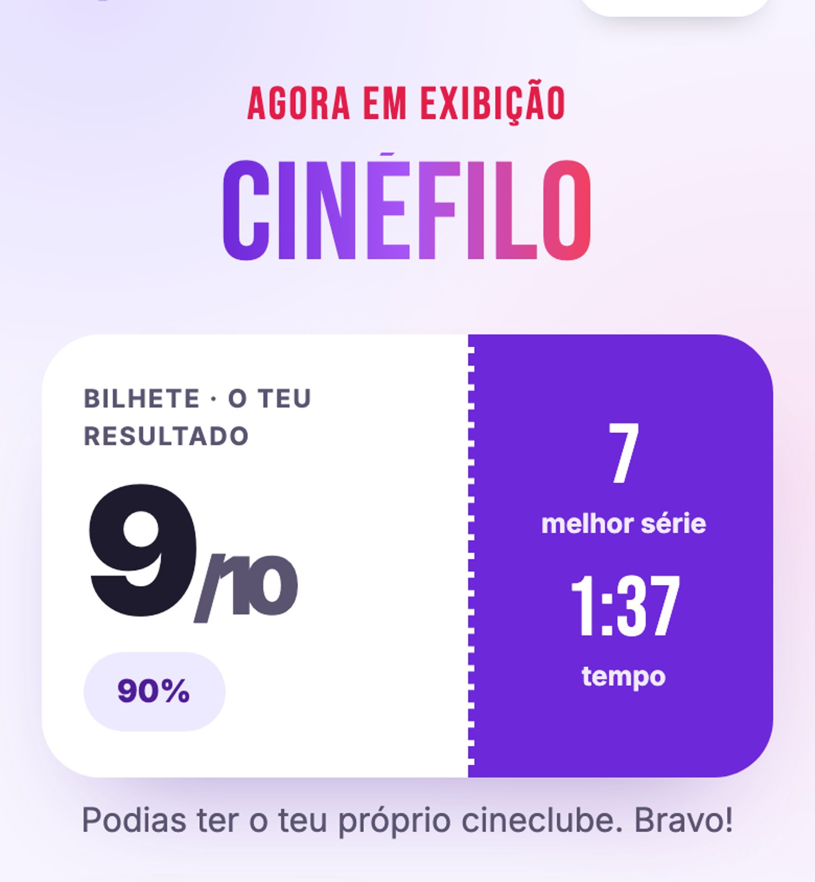 Resultado do Quiz de Filmes: 9 em 10