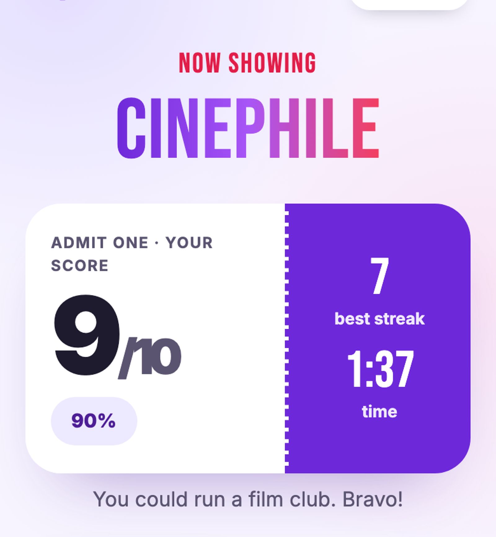 Movies Quiz result: 9 out of 10