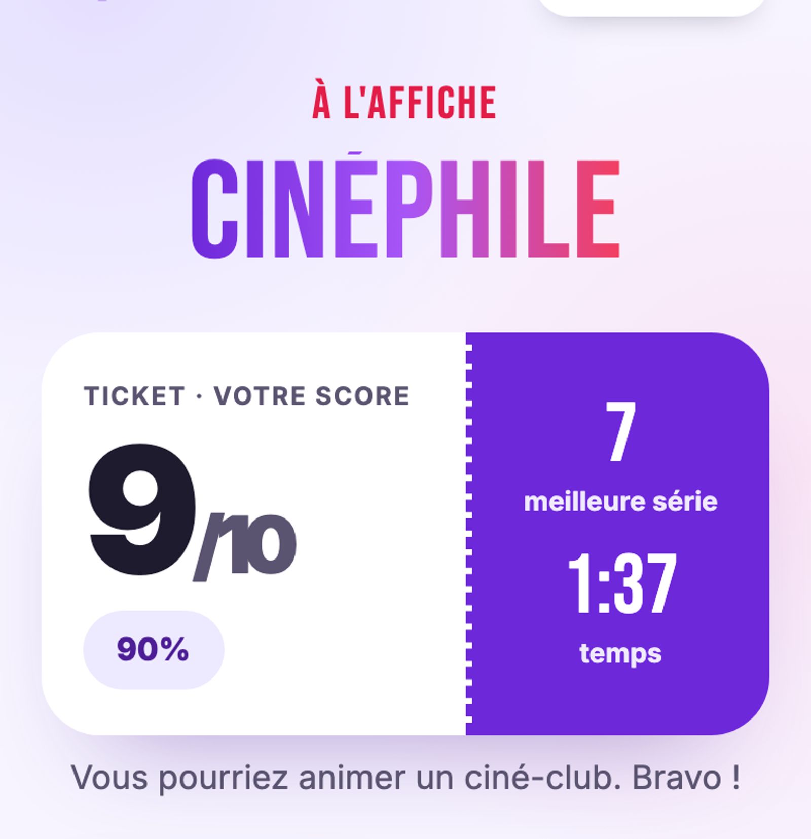 Résultat du Quiz Cinéma : 9 sur 10