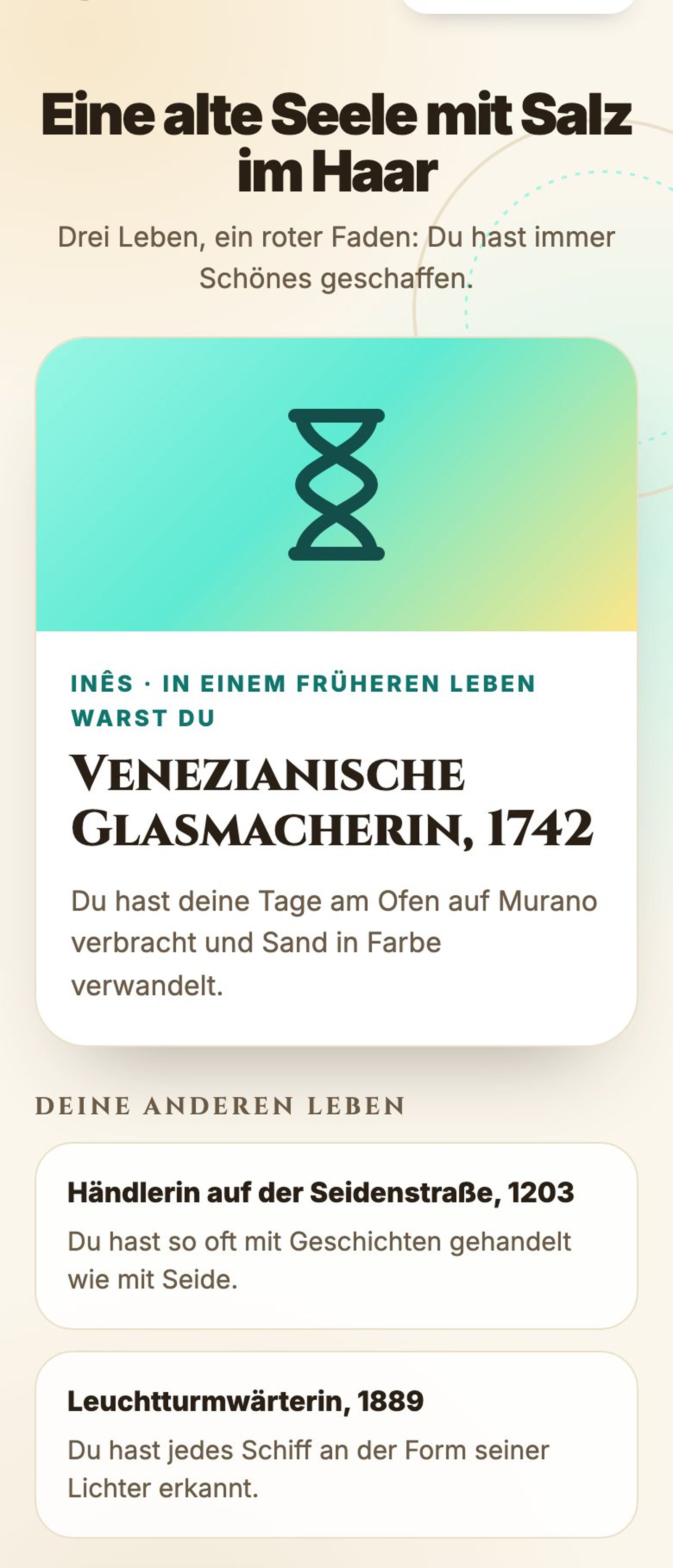 Ergebnis Frühere Leben: venezianische Glasmacherin im Jahr 1742