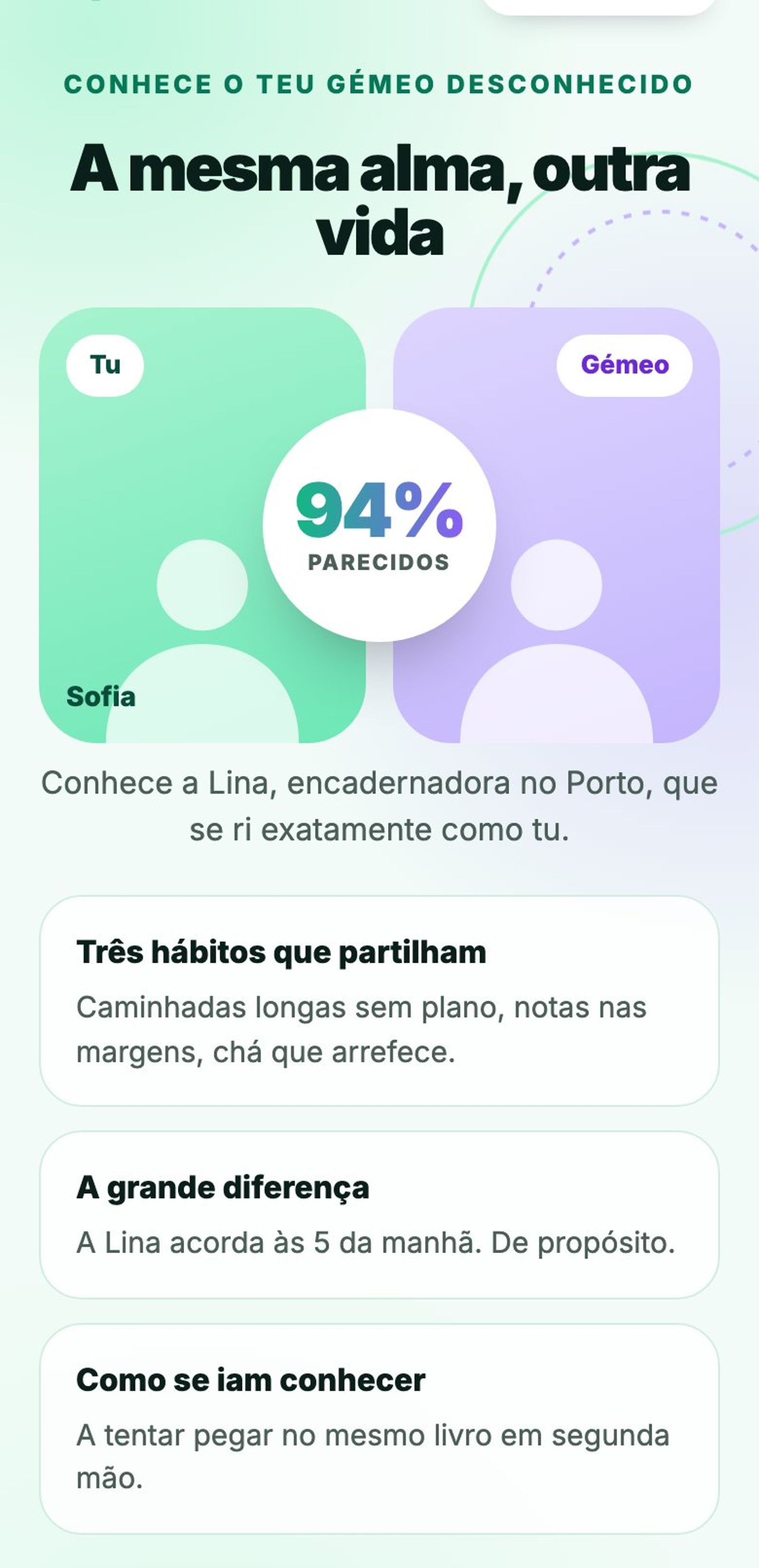 Resultado do Gémeo Desconhecido: a Lina, encadernadora no Porto, 94% parecidos