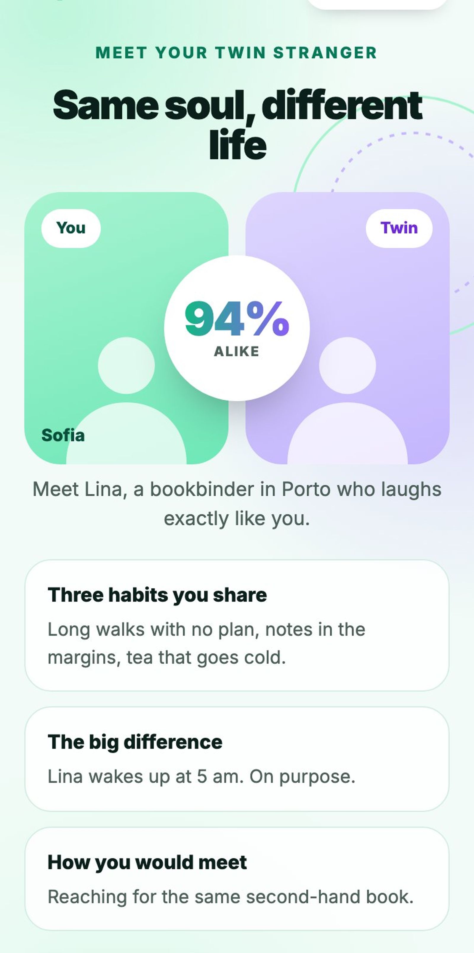 Twin Stranger result: Lina, a bookbinder in Porto, 94% alike