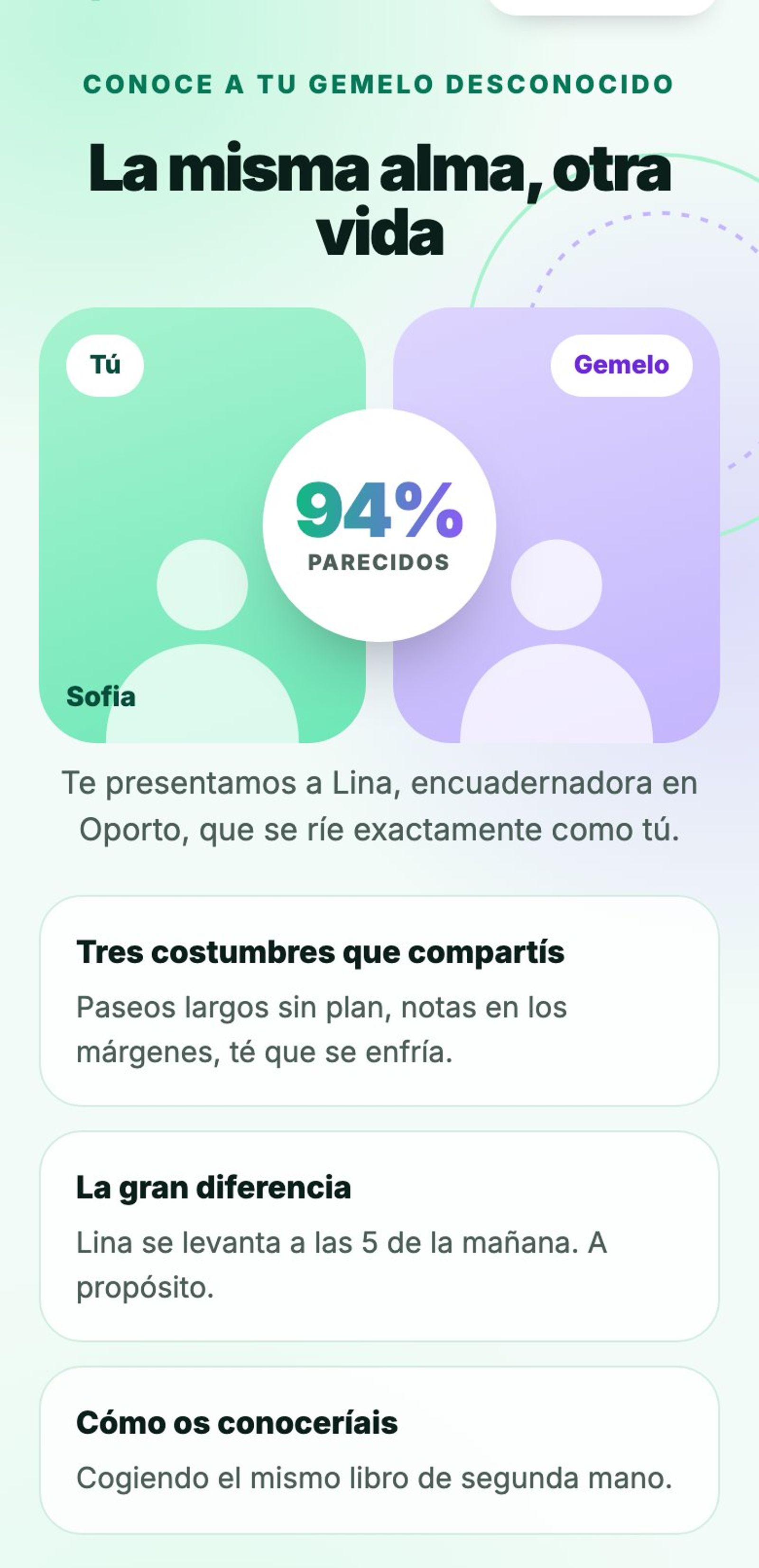 Resultado del Gemelo Desconocido: Lina, encuadernadora en Oporto, 94% parecidos