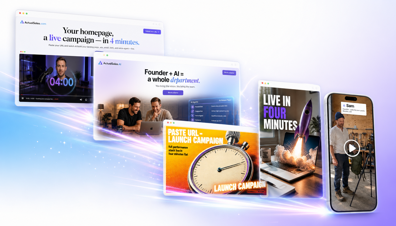 A cascade of windows showing landing pages, image ads and a video ad made with ActualSales.ai