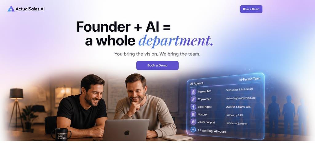 A landing page made with ActualSales.ai: founder plus AI equals a whole department
