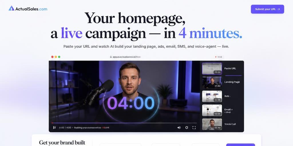 A landing page made with ActualSales.ai: your homepage, a live campaign in four minutes
